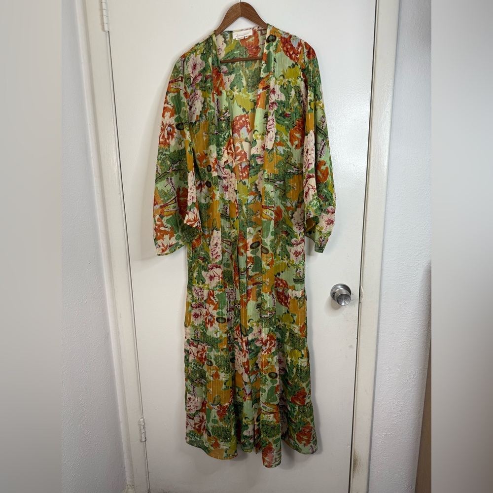 Anthropologie Floral Long Green & Yellow Duster Jacket